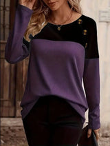 Autumn And Winter Women's Color Matching T-shirt-Black Purple-7