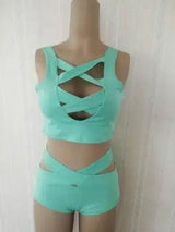 Bandage Cross Bikini High Waist Solid Color Split-Skyblue-2