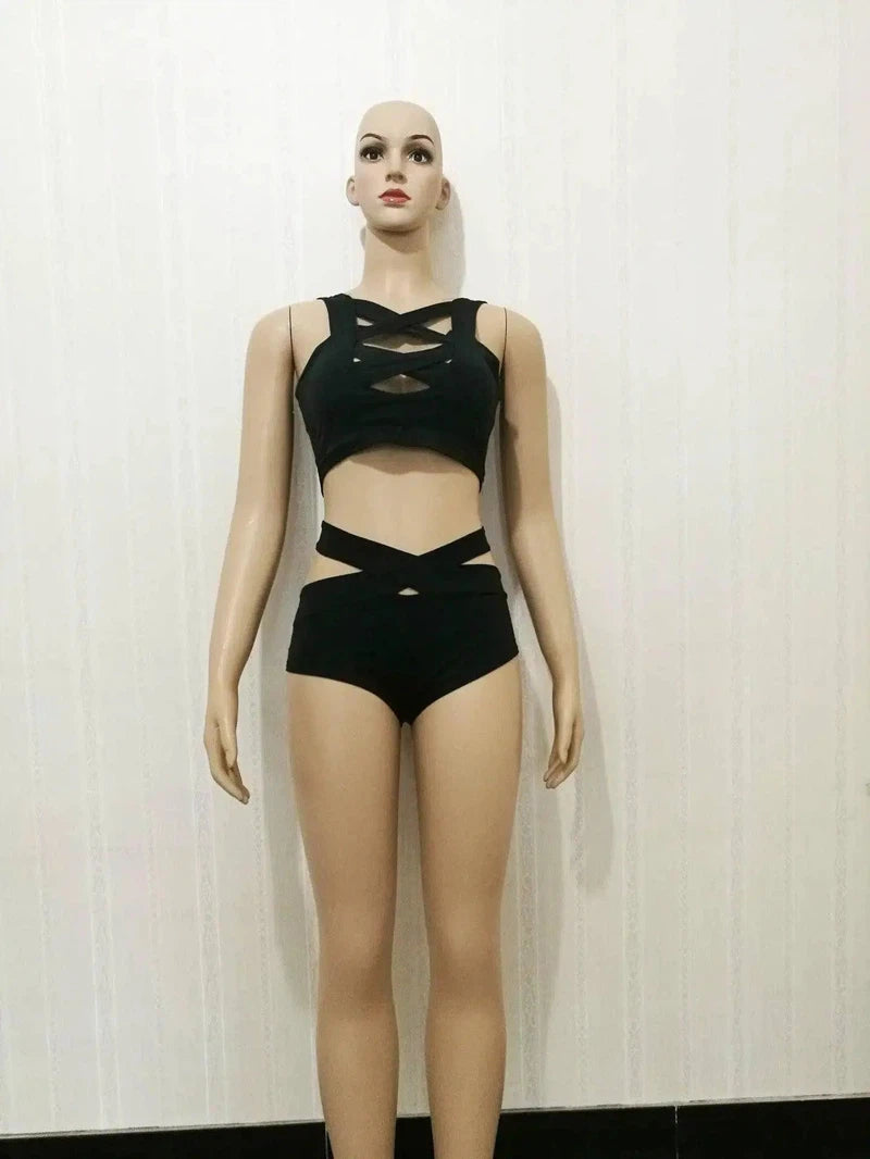 Bandage Cross Bikini High Waist Solid Color Split-Black-3