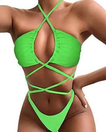 Bikini Comfortable And Solid Color Long Rope One Piece-Green-3