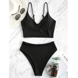 Bikini Swimsuit Ladies High Waist Pants BIKINI Solid Color-4