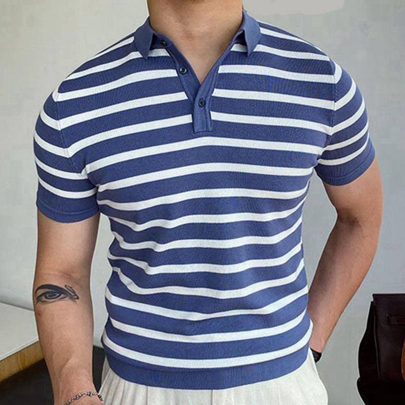 Blue Striped Business Polo Shirt For Men-Blue-6