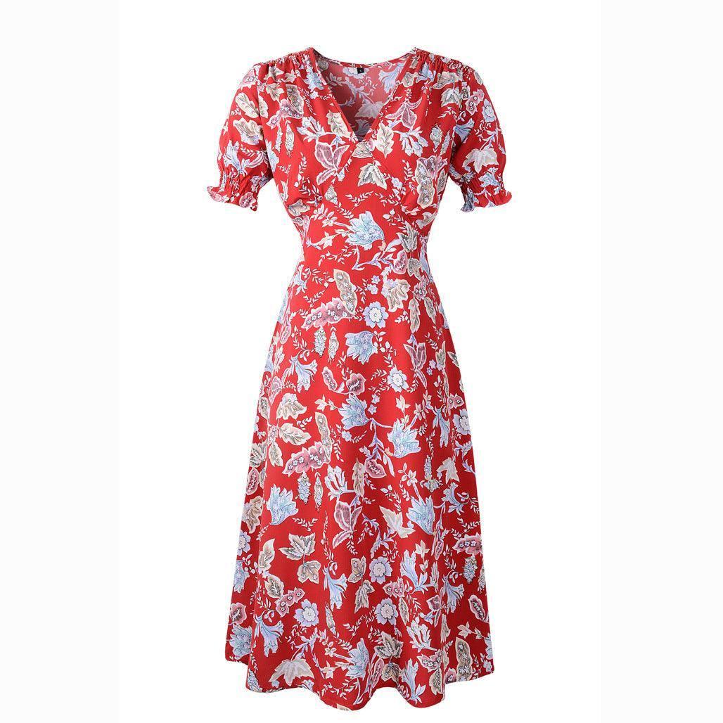 Bohemian V-Neck Print Beach Dress-Red-6