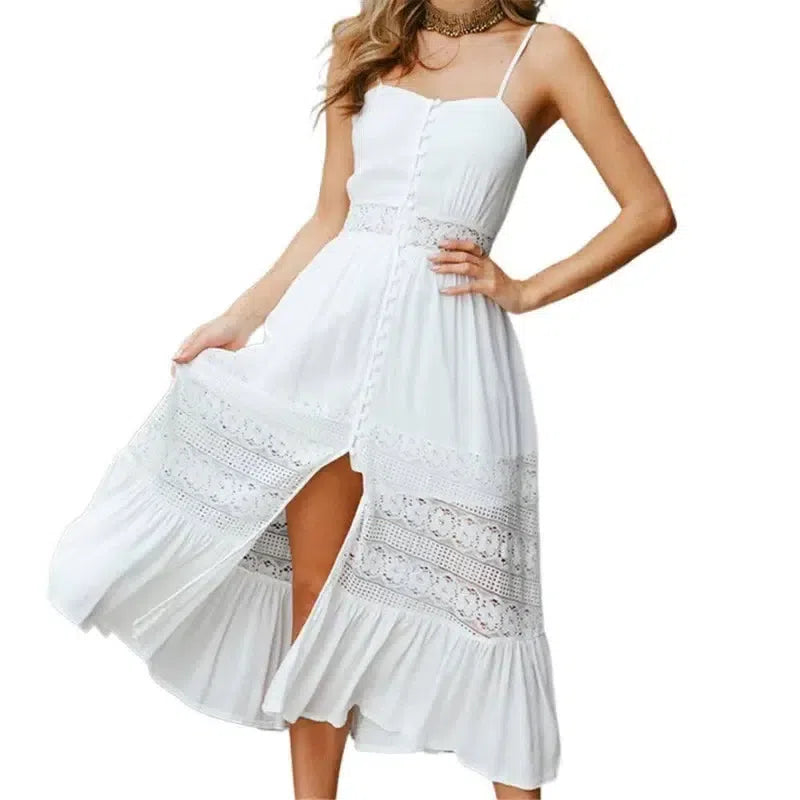 Boho White Eyelet Midi Dress - Off-Shoulder Summer Chic-as shown picture 4-9