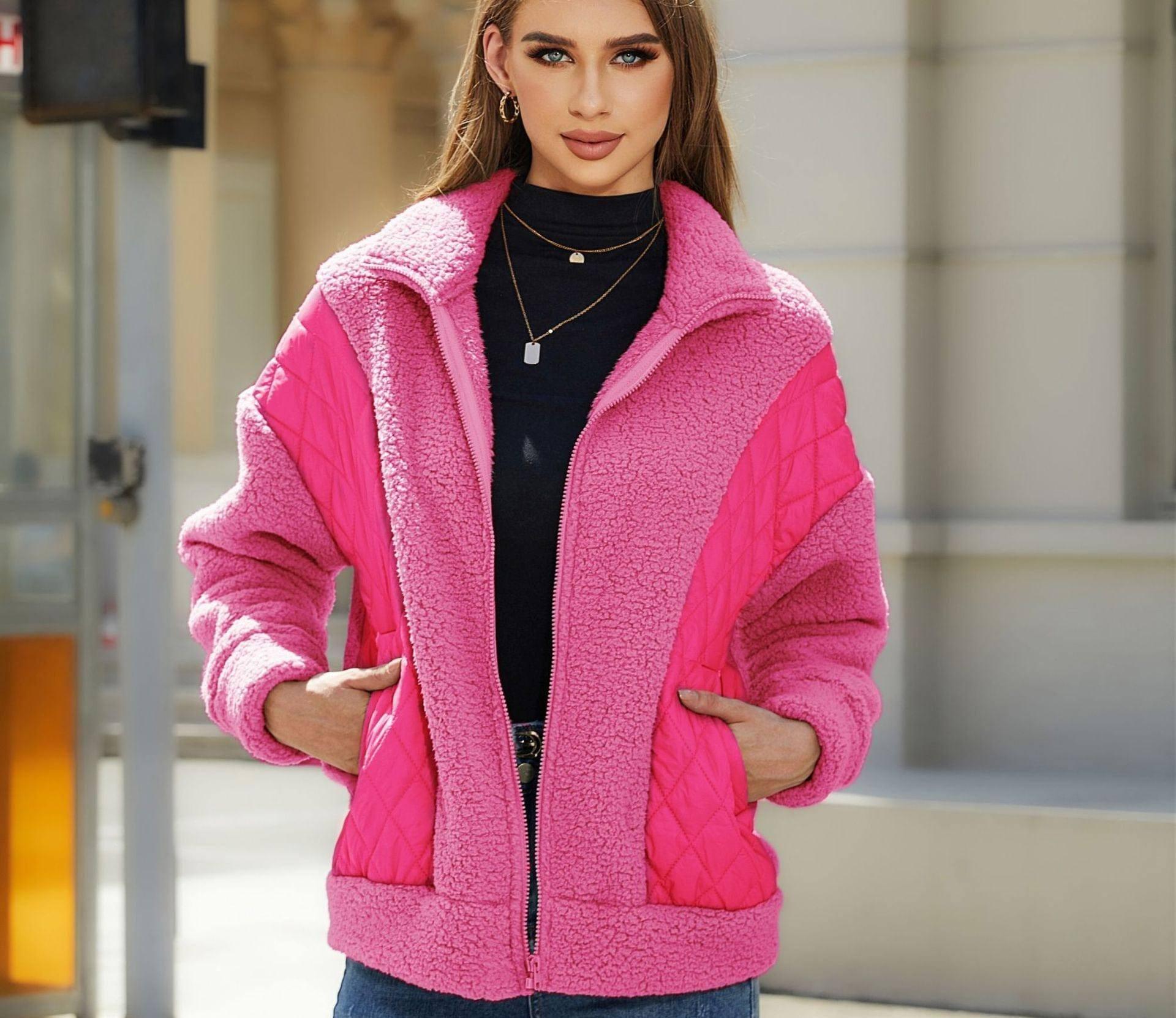 Cardigan Zipper Plush Stitching Women's Coat-Rose Red-3