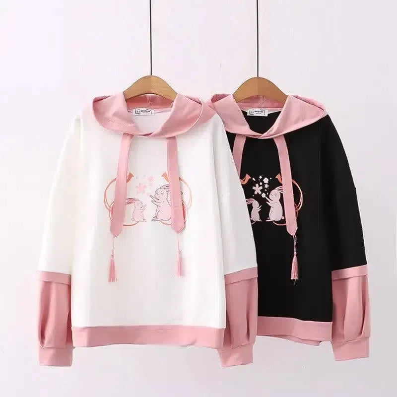 Cartoon Double Rabbit Print Hooded Student Hoodie-1