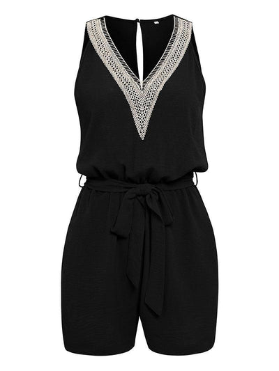 Casual Jumpsuit Lace V-neck Sleeveless Tops Tie-up Shorts-7