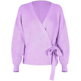 Casual V-neck tie knotted sweater sweater-Purple-9