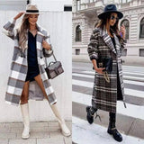 Checked Mid-length Coat Lapel Tie Woolen Coat-1