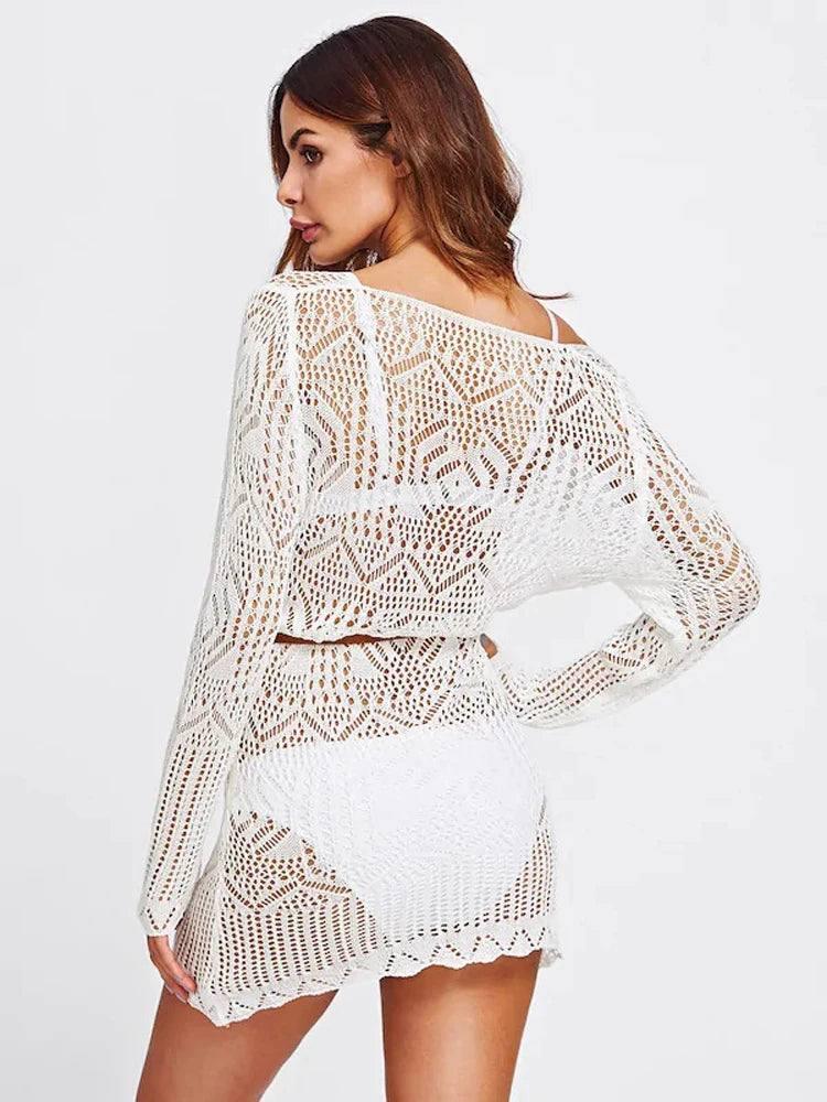 Summer Lace Crochet Beach Dress Women White Swimwear Swimsuit Cover Up Mini Dresses-4