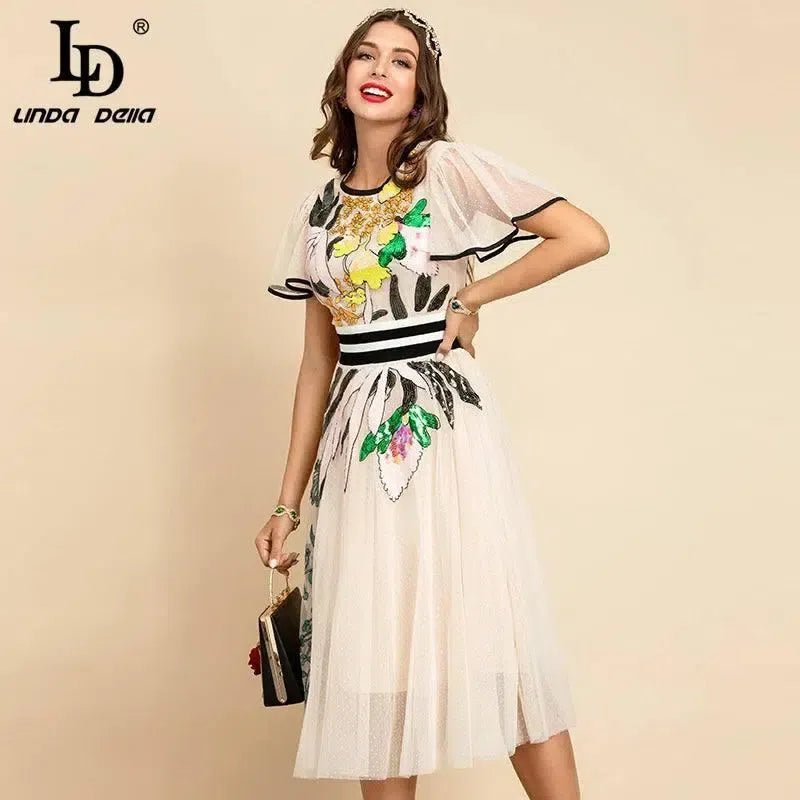 LD LINDA DELLA New 2021 Women Summer Fashion Runway Midi Dress Butterfly Sleeve Sequined Embroidery Ladies Slim A-Line Dresses-2