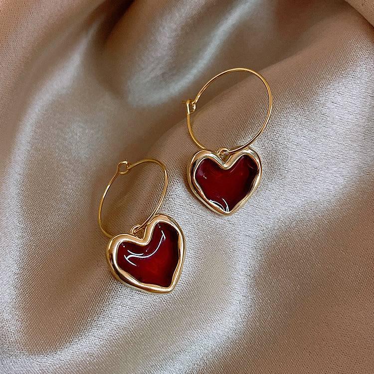 Chic Gold Heart Hoop Earrings for Romantic Outfit-Wine Red-2