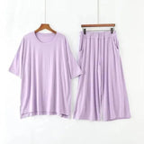 Plus Size 7XL 150KG Women Modal Pajamas Sets Spring Summer Short Sleeve Top and Calf-Length Pants Women Soft Sleepwear Suit-PURPLE-10