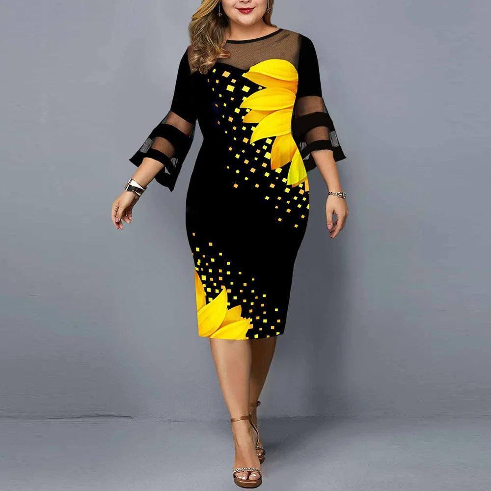 Chic Plus-Size Midi Dress: Elegant & Trendy-Yellow-7