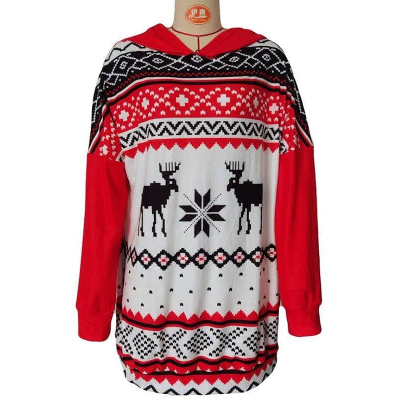 Christmas Elk Print Long-sleeved Hooded Sweater Women-White-3