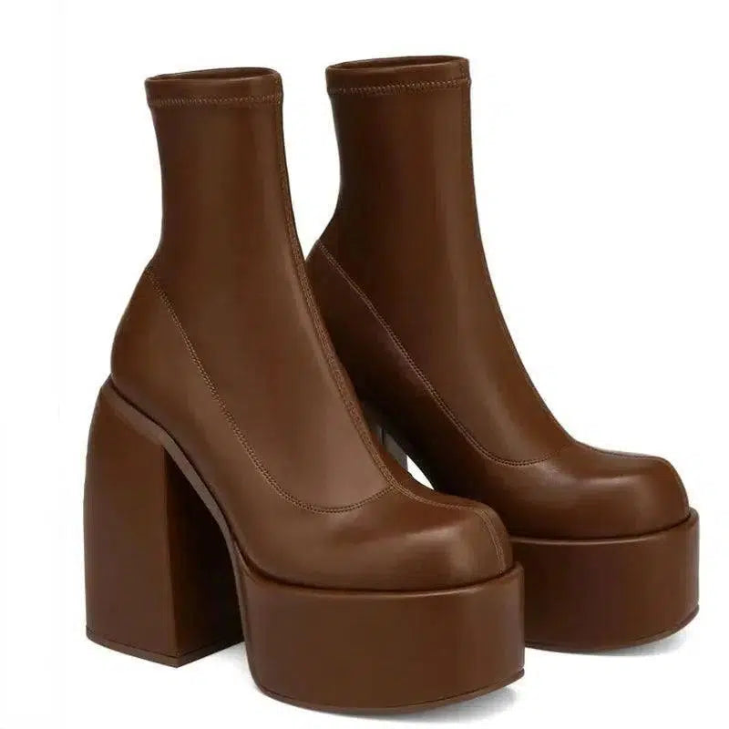 Chunky Boots Fashion High Heel Shoes With Side Zipper Women-6