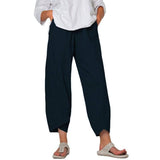 Cotton And Linen Wide Leg Pants Solid Color High Waist Loose Casual Trousers For Women-Navy Blue-9