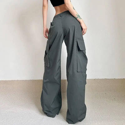 Crumpled Design Irregular Pockets Loose Wide Leg Trousers-6