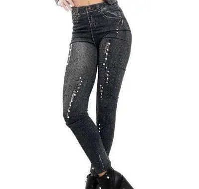 Denim printed leggings-Black-11