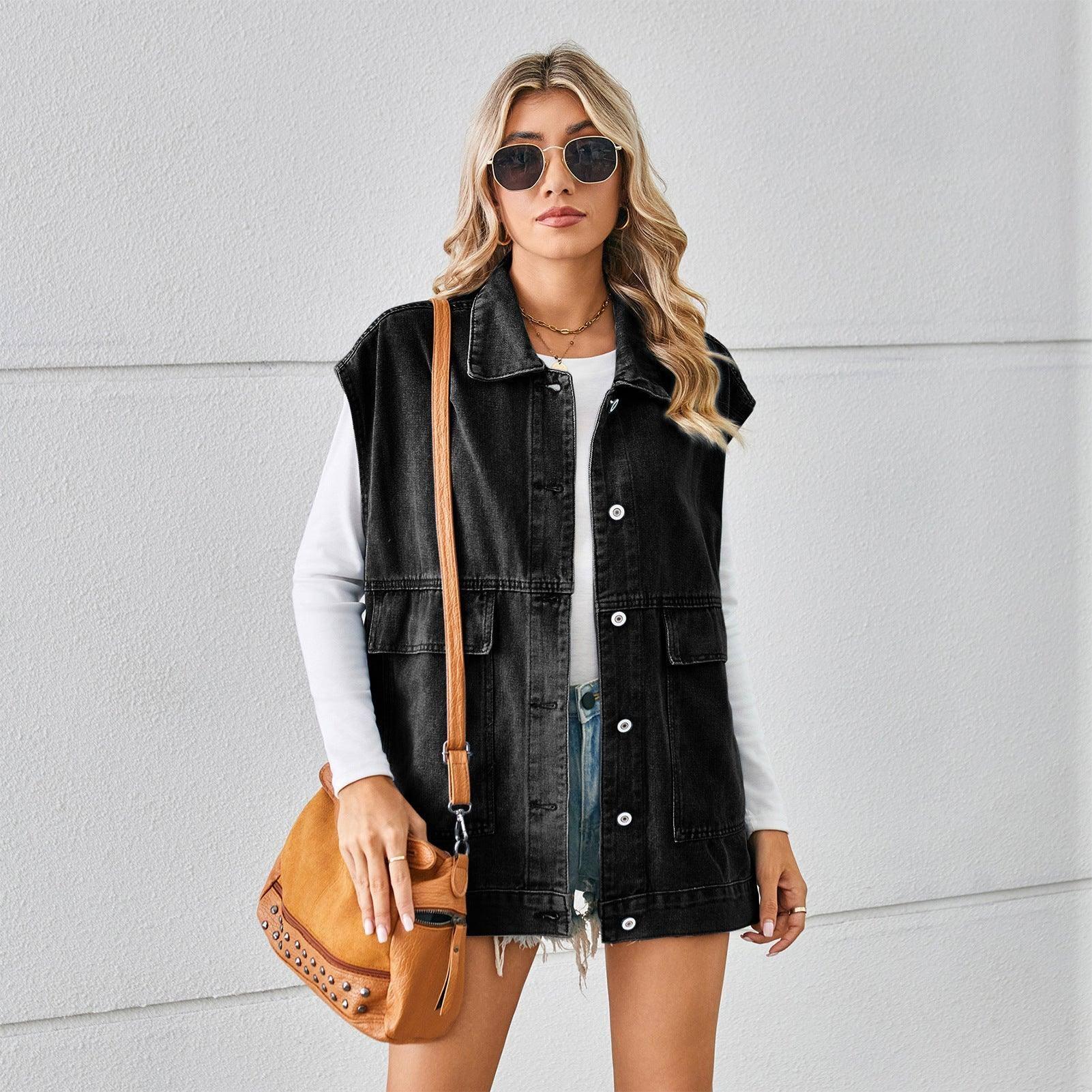 Denim Vest With Big Pockets Fashion Sleeveless Outwear Vest-Black Grey-2