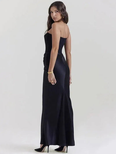 Elegant Black Strapless Mermaid Gown | Draped Waist | Chic-3