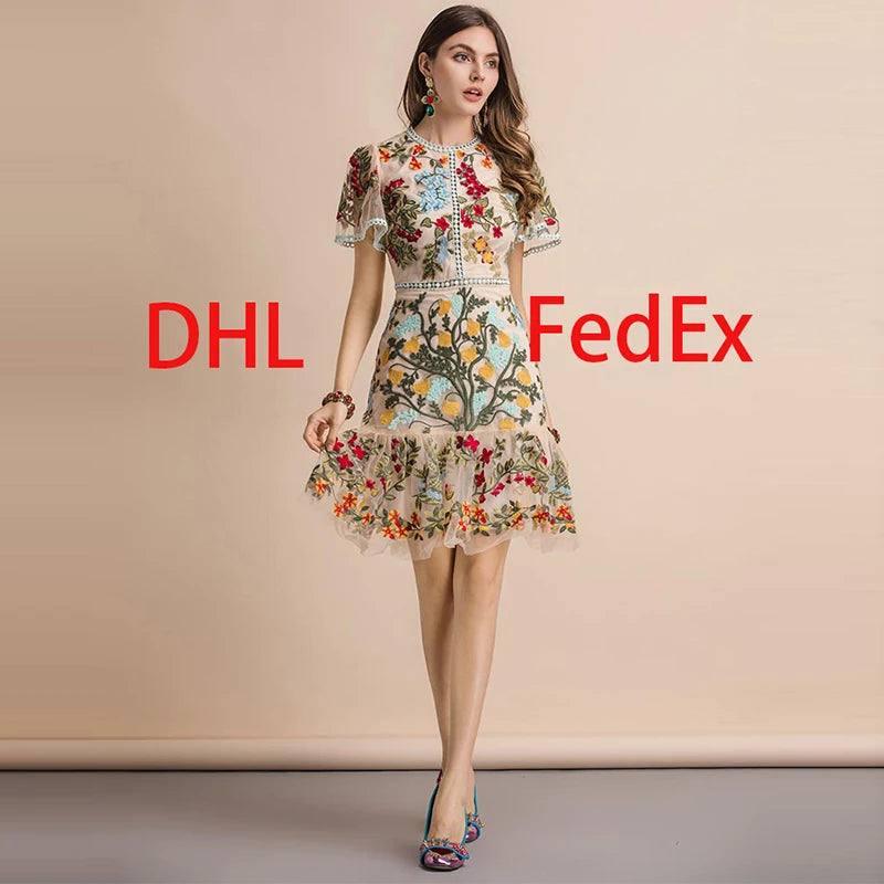 LD LINDA DELLA New 2023 Fashion Runway Summer Dress Women's Flare Sleeve Floral Embroidery Elegant Hollow Out Midi Dresses-Beige-6