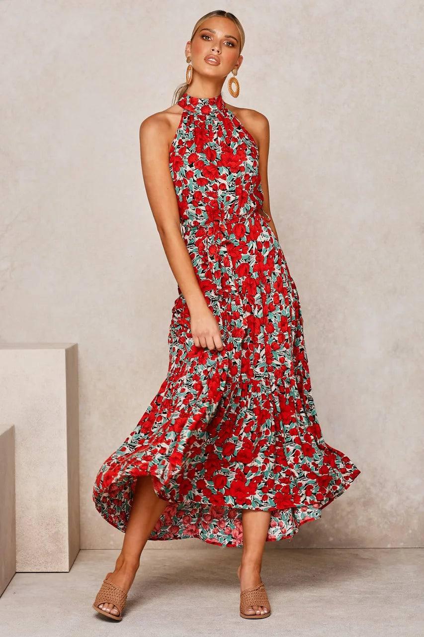 Elegant Floral Halter Midi Dress | Trendy Summer Fashion-13