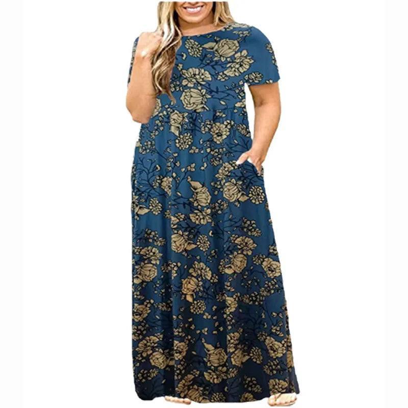 Big size Dress Women Summer Large Size Short Sleeve Print Wear-Resistant Long Dress Plus Size Fat MM Women Clothing Maxi Dress-blue gray-5