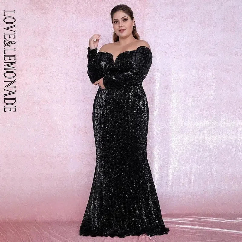 LOVE&LEMONADE Plus Size Rose Gold Deep V-Neck Off-The-Shoulder Bodycon Elastic Sequins Maxi Dress LM80273PLUS-7