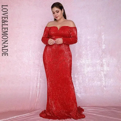 LOVE&LEMONADE Plus Size Rose Gold Deep V-Neck Off-The-Shoulder Bodycon Elastic Sequins Maxi Dress LM80273PLUS-9