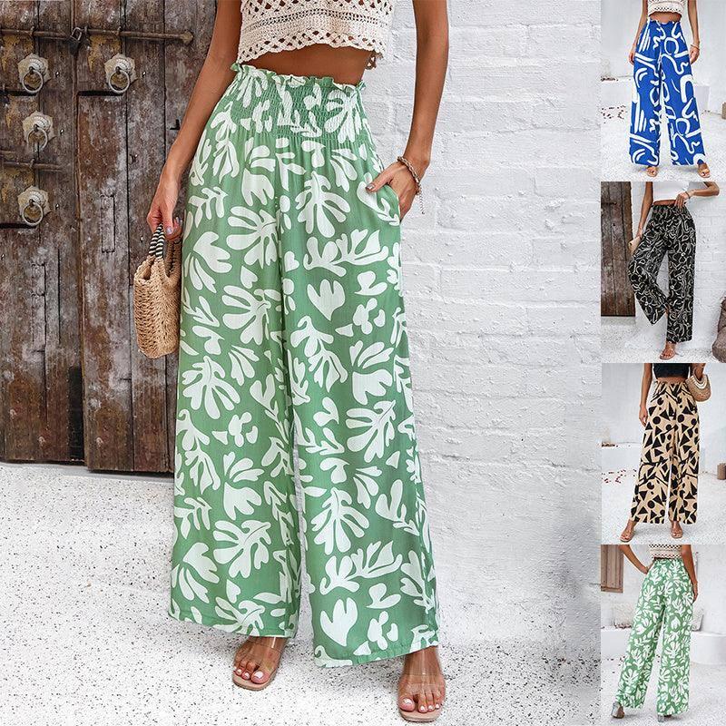 Elegant Printed Trousers Summer Loose Elastic High Waist-1