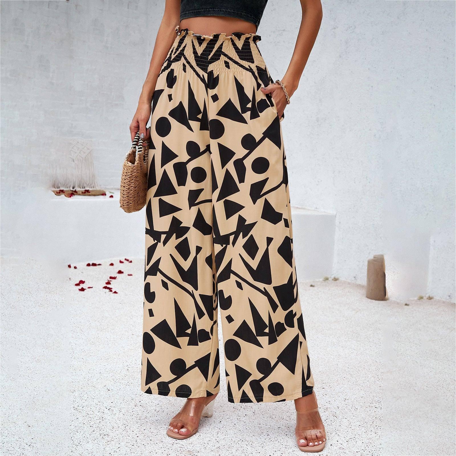 Elegant Printed Trousers Summer Loose Elastic High Waist-Yellow-3