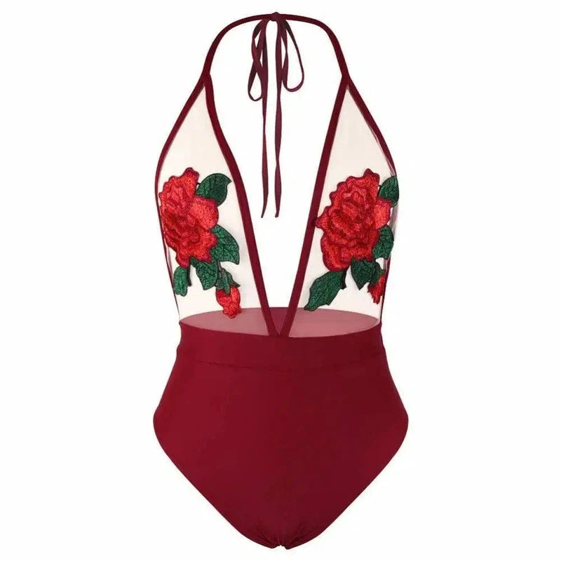 Embroidered Halter Lingerie Siamese Bikini-Red-3