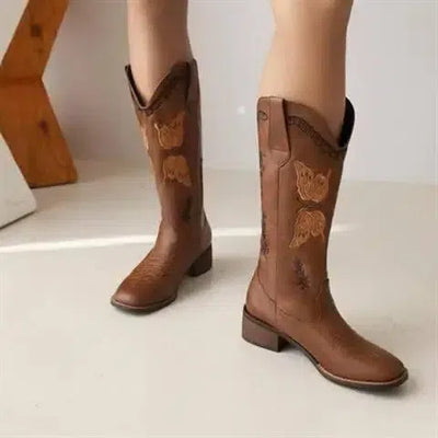 Embroidered Square Toe Mid-heel Boots For Women-4