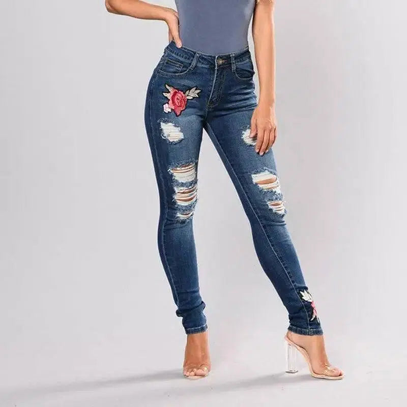 Embroidery jeans stretch jeans pants-Blue-4