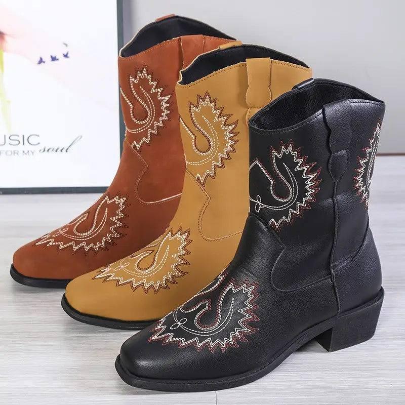 Embroidery Western Boots Chunky Mid Heel Cowboy Boots Women-1