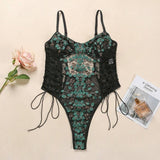 Erotic Lingerie Lace Flower Embroidery Lace-Up Sexy-Green-4