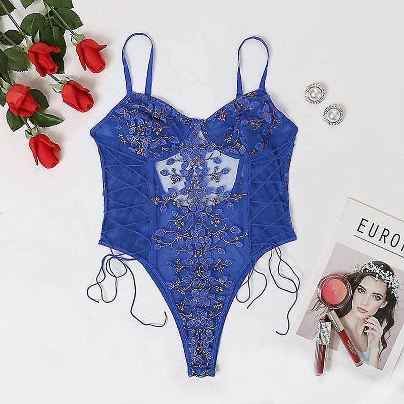 Lingerie Lace Flower Embroidery Lace-Up-Blue-5