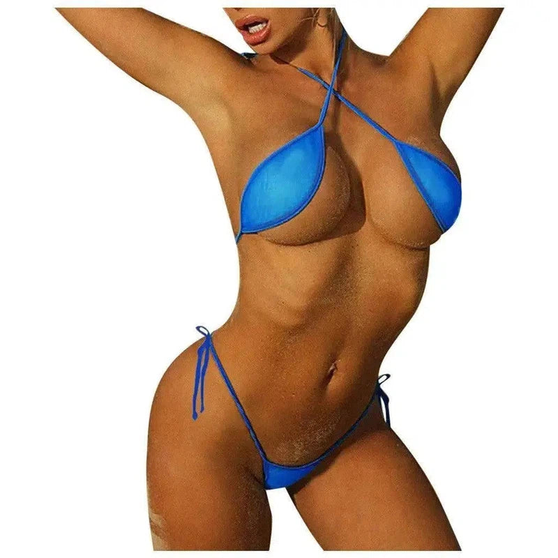 Erotic Lingerie Women Sexy Mesh Mini Bikini Swimsuit Set-Blue-3