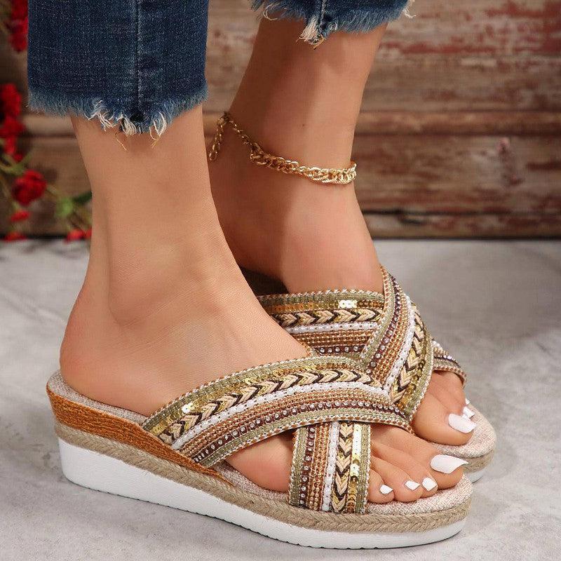 Ethnic Linen Wedge Sandals-4