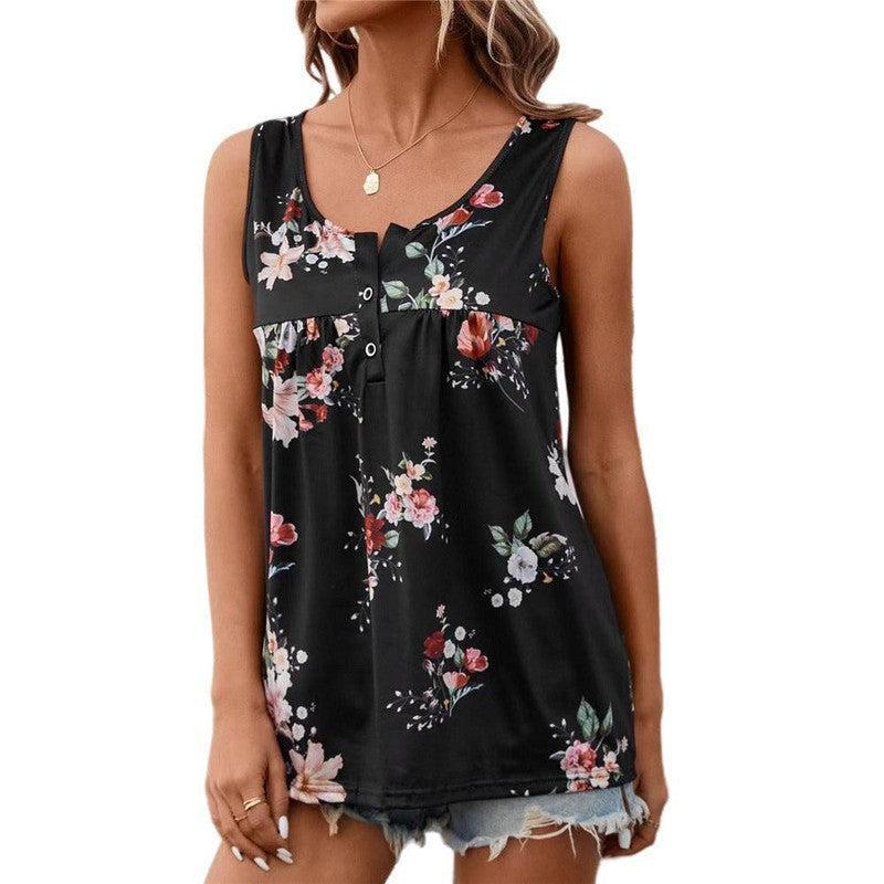 European And American Printed Round Neck Button Sleeveless Vest-Black-6