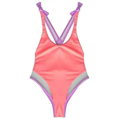 European And American Stitching One Piece Bikini Swimsuit-Pink-3