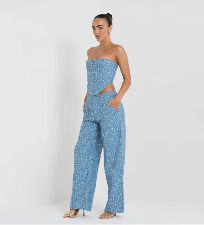 Fashion Denim Sequined Tube Top Wide Leg Pants Suit-Blue Suit-2