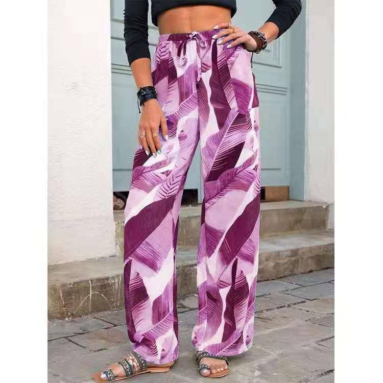 Stylish Leaf Print Beach Pants for Summer-Purple-4