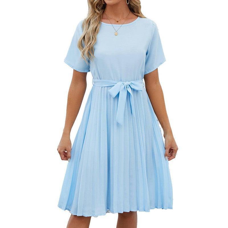 Fashion New Round Neck Dress Women-Sky Blue-4