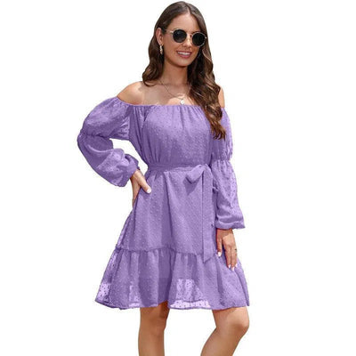 Fashion One-shoulder Long Sleeve Dress For Women Tie Waist Off-shoulder Bubble Dot Ruffle Design Chiffon Dress-Purple-6