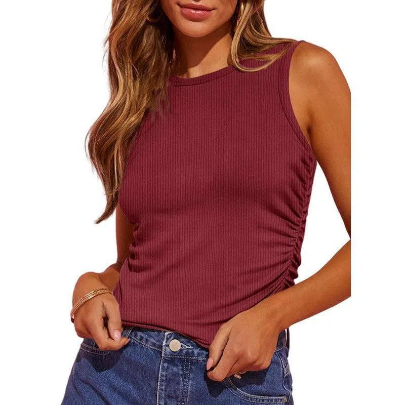 Fashion Sleeveless Ribbed Vest Women Slim-fit Pleated Solid Crew Neck Tank Top Summer Clothing-Wine Red-5