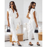 Fashion Solid Color Slimming Short-sleeved Jumpsuit Summer-White-3