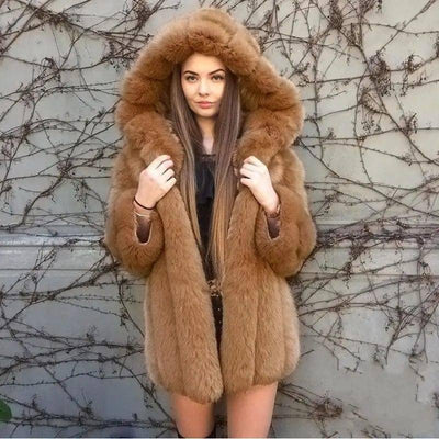 Fashion Temperament Faux Fur Coat Women's Mid-length-Brown-4