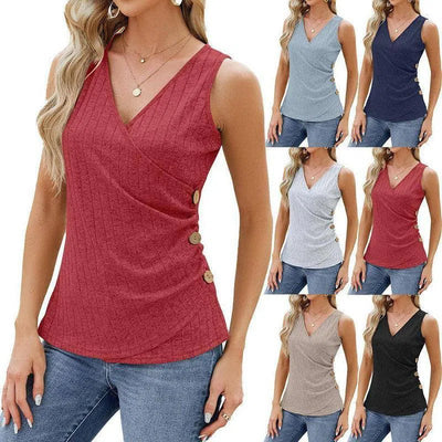 Fashion Vest With Button Design New Sleeveless V-neck T-shirt Solid Color Tank Tops Summer Women's Clothing-1